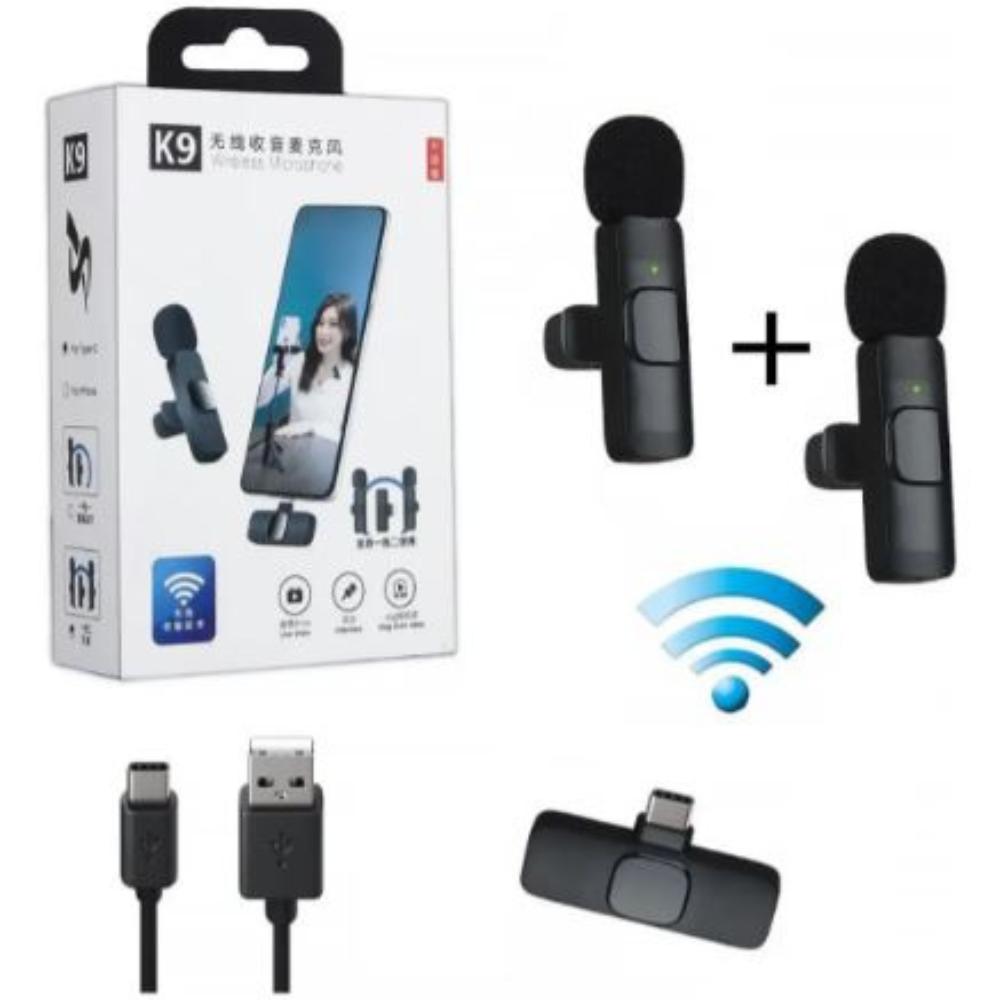 Microfone de lapela sem Fio Conexão Type-C K9 Duplo